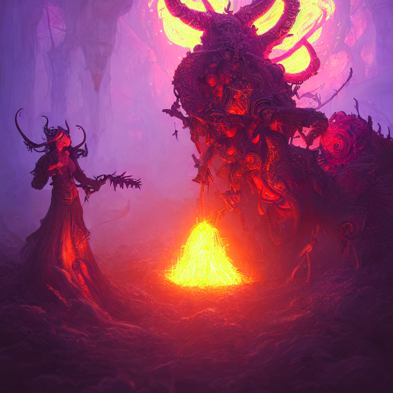 Fantastical scene: Two characters in intricate armor and cloak facing glowing pyramid in mystical purple forest