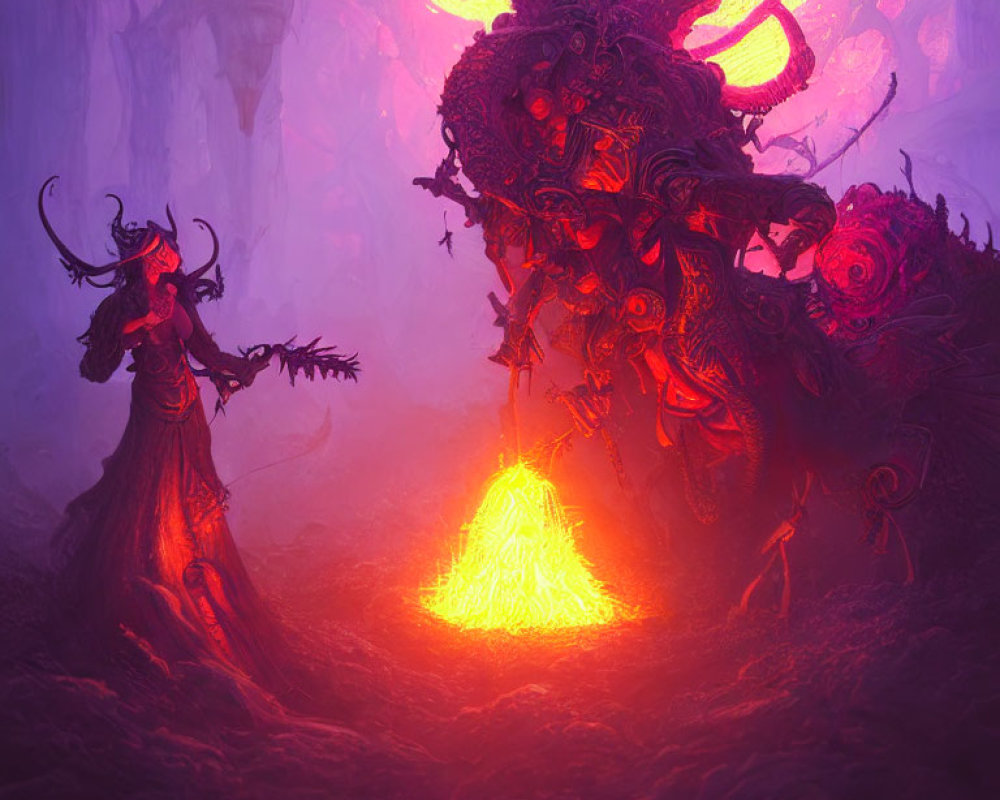 Fantastical scene: Two characters in intricate armor and cloak facing glowing pyramid in mystical purple forest