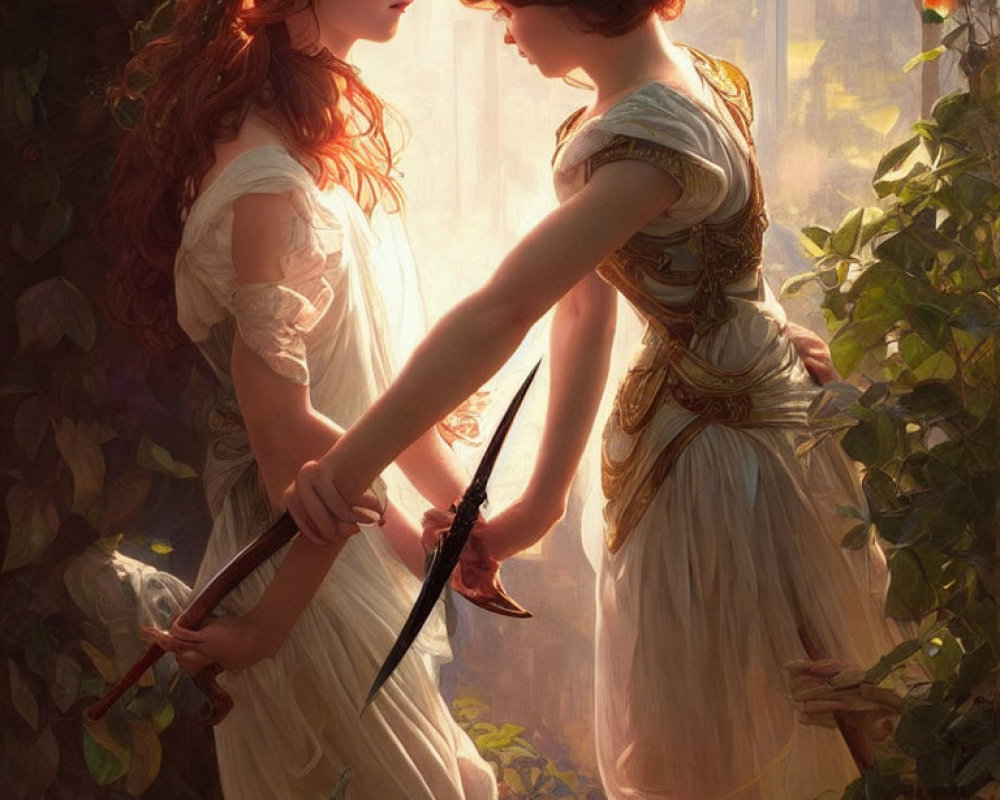 Two Women in Classical Attire Holding a Dagger in Nature