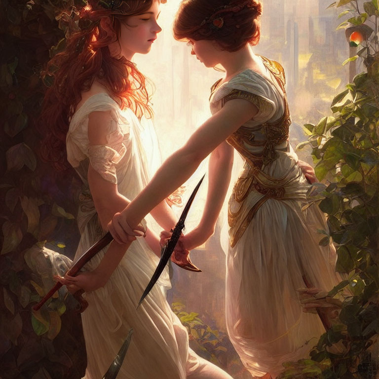 Two Women in Classical Attire Holding a Dagger in Nature