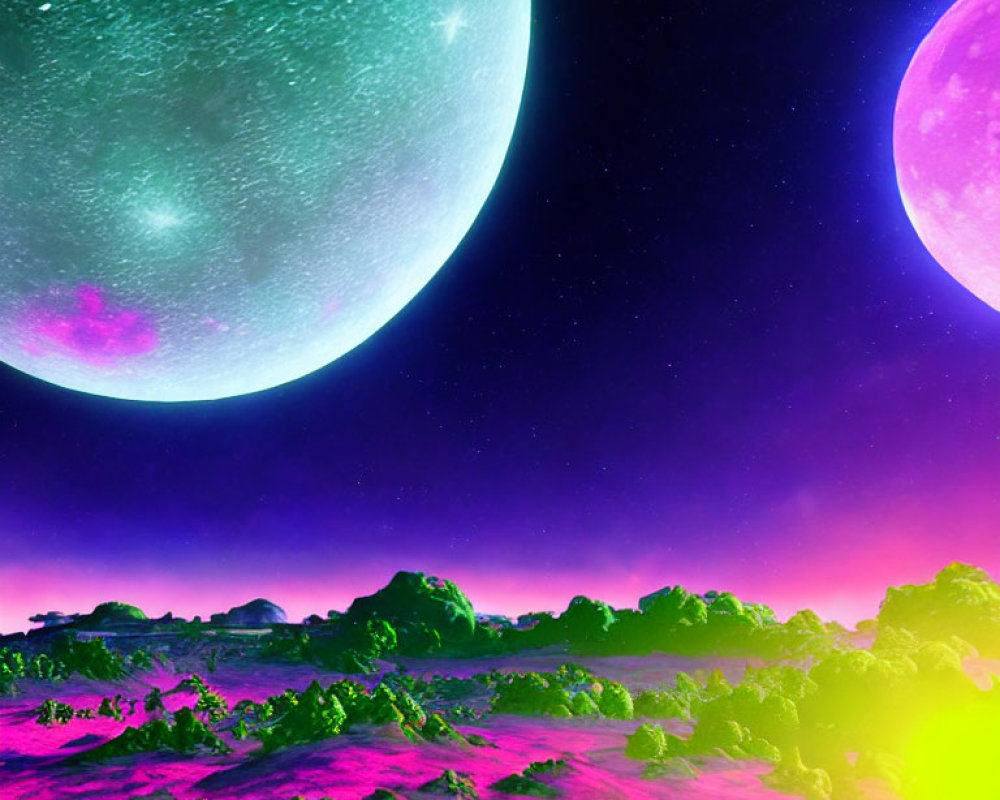 Purple Skies and Celestial Bodies Over Rocky Terrain