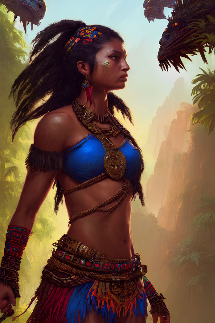 Indigenous warrior woman with feathers, beads, and armor in jungle with lizard.