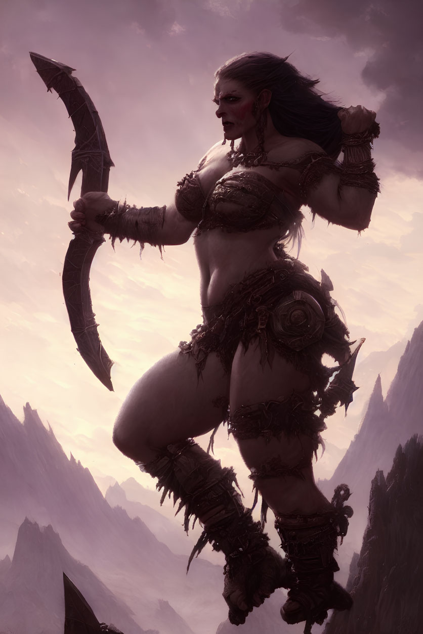 Warrior woman with warpaint wields sword in misty mountain landscape