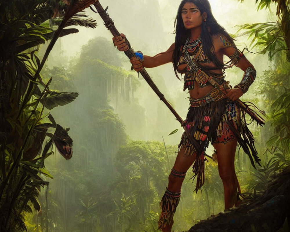 Woman in tribal attire with spear in lush jungle