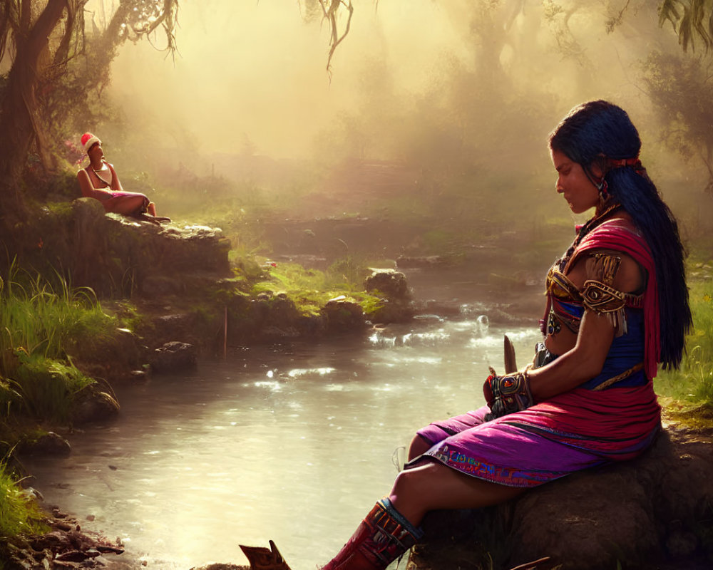 Two women in a serene forest by a stream and lush greenery.