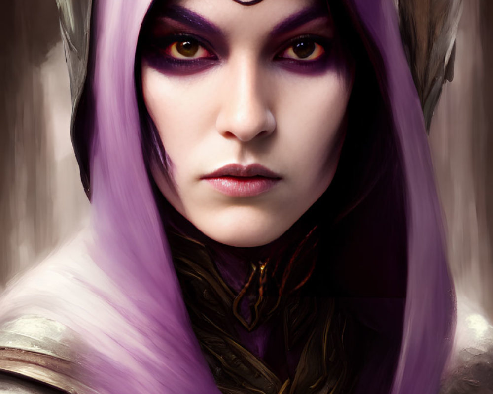 Fantasy portrait of a woman with violet eyes and purple hair, wearing metallic shoulder armor and an orn