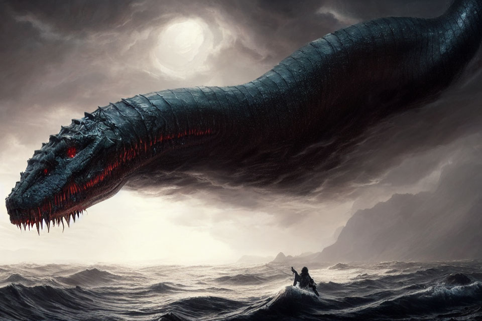 Gigantic sea serpent with red eyes and sharp teeth in stormy ocean scene