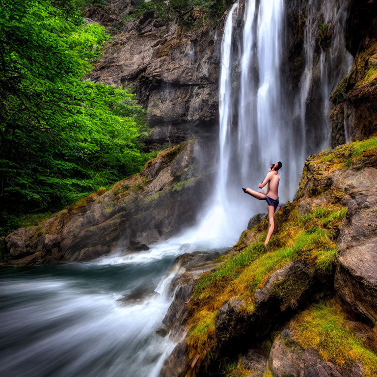 Person standing on rocky edge near lush waterfall in vibrant greenery