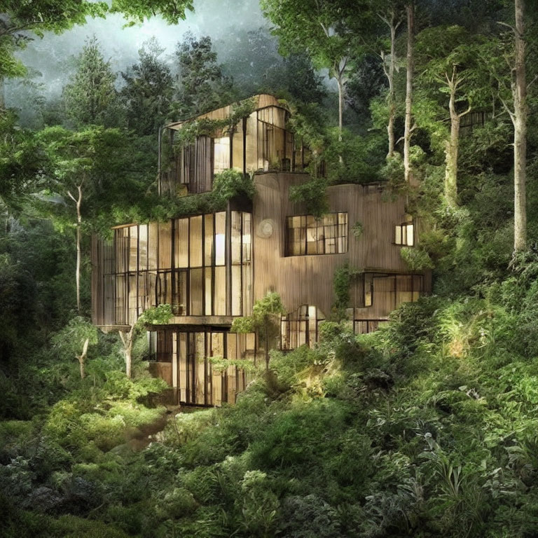 Modern Wooden House Surrounded by Trees in Misty Forest