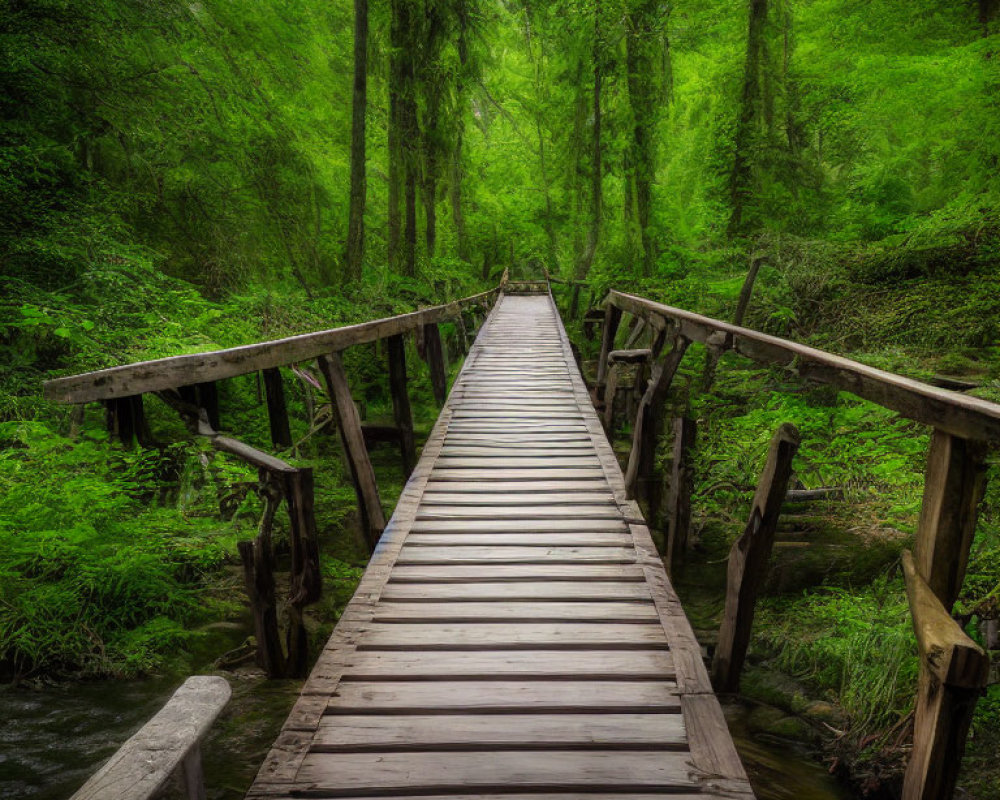 Scenic wooden boardwalk through lush green forest