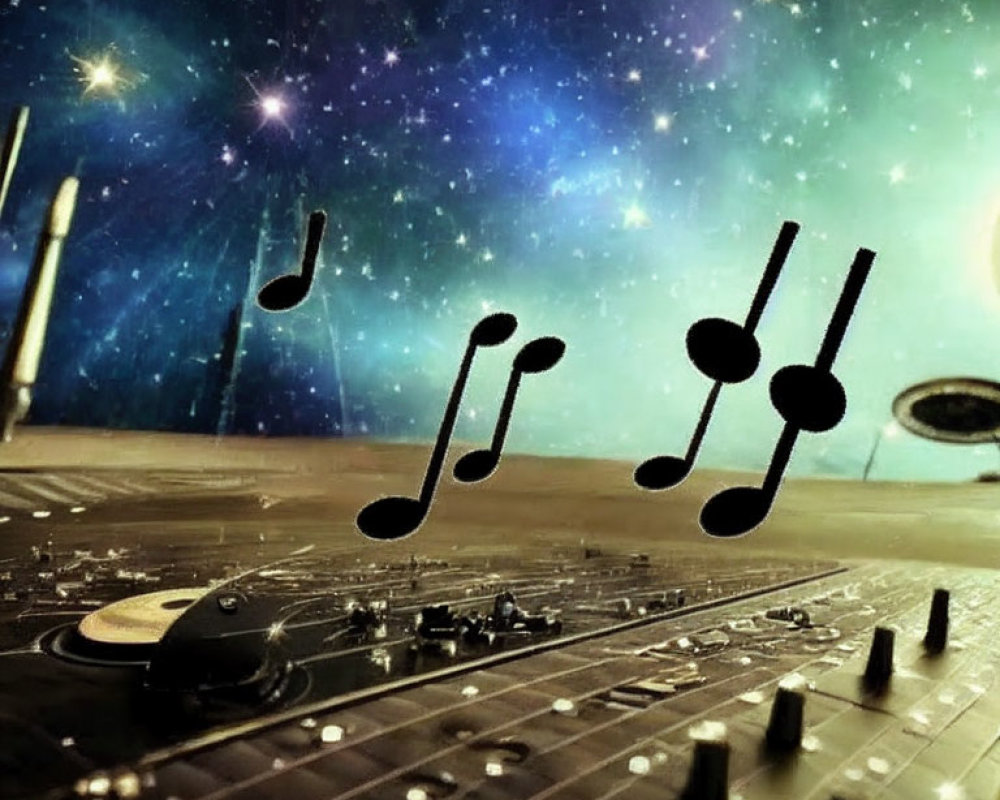 Sound Mixer with Musical Notes on Cosmic Starry Background