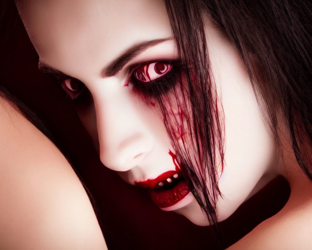 Close-up of person with vampire-like appearance: red eyes, dripping makeup, sharp fangs