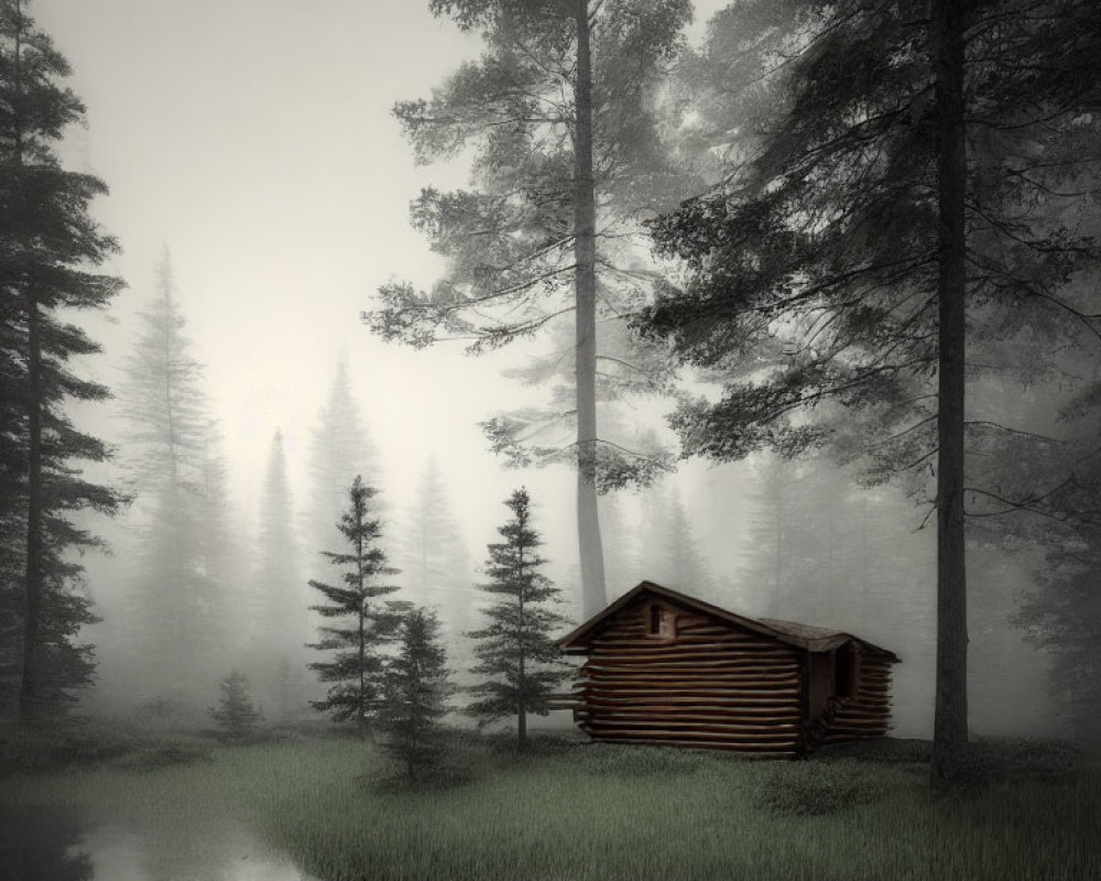 Tranquil forest cabin by misty pond and tall pine trees