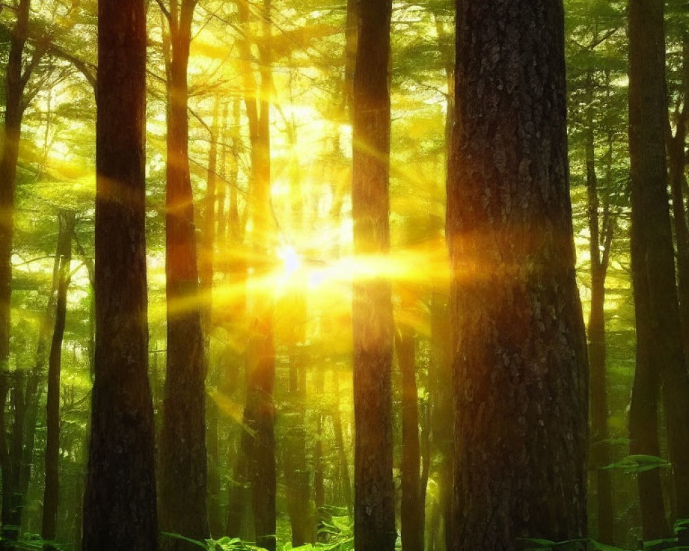 Dense Forest Sunlight Illuminating Trees