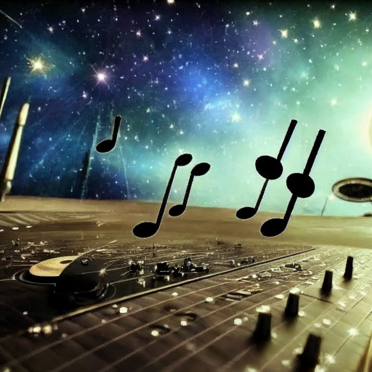 Sound Mixer with Musical Notes on Cosmic Starry Background