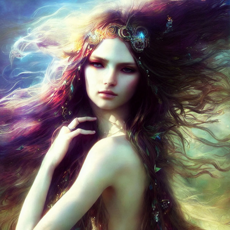 Fantasy portrait of woman with flowing hair and mystical aura