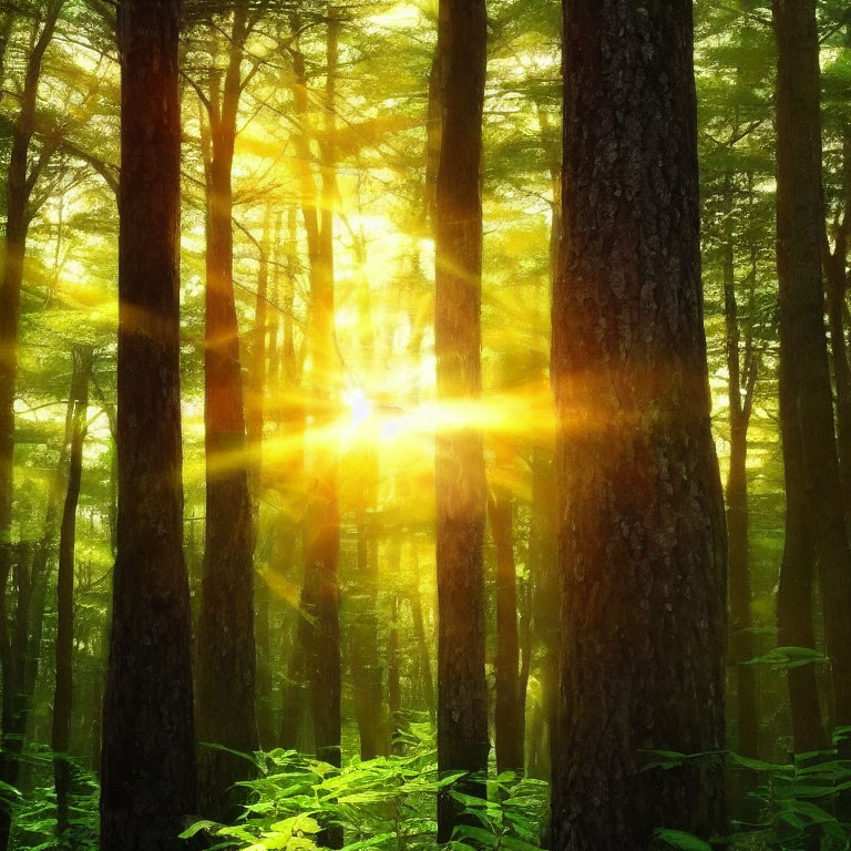 Dense Forest Sunlight Illuminating Trees