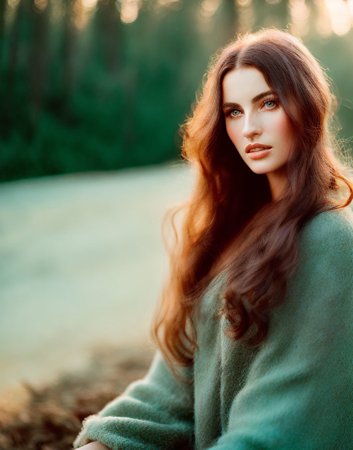 Woman with long brown hair and blue eyes in green sweater in sunlit forest.