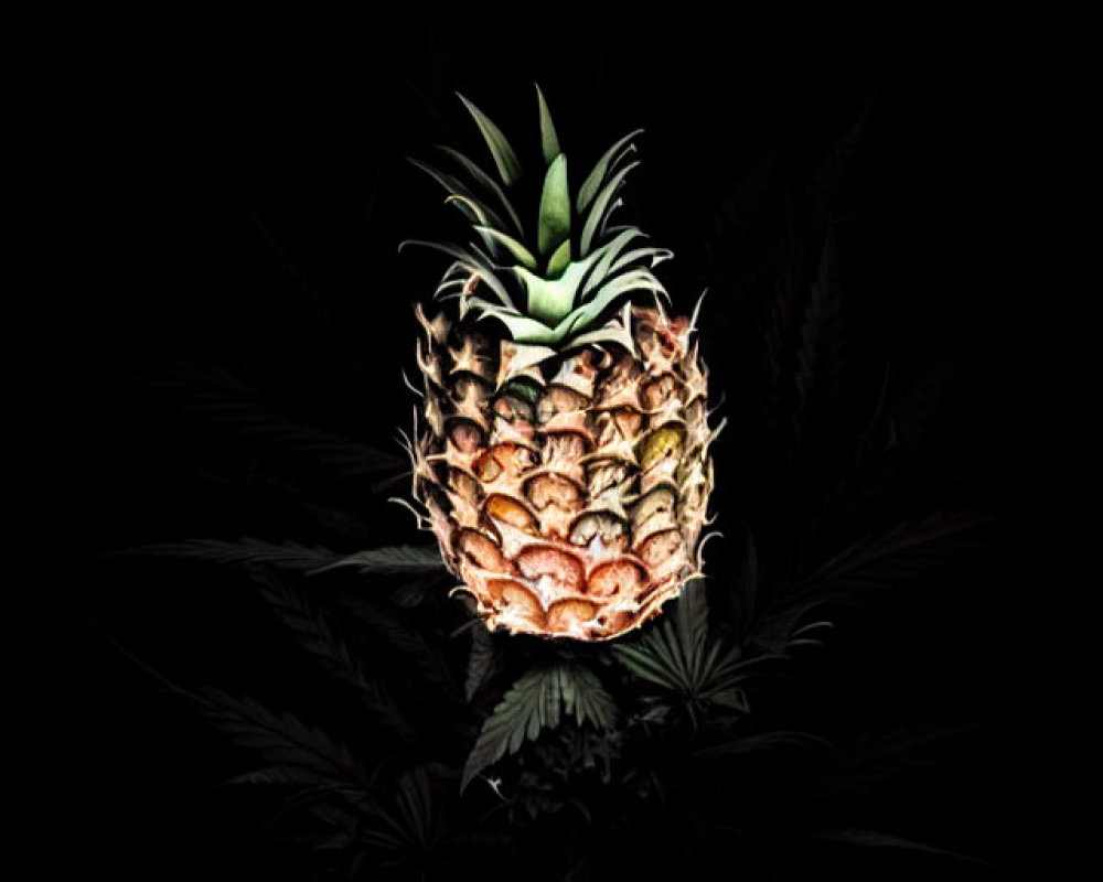 Ripe pineapple against dark leafy background with subtle lighting
