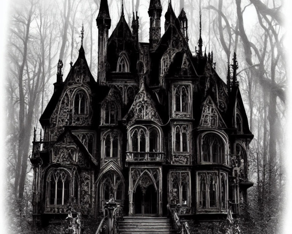 Gothic-style mansion in mist with grand staircase
