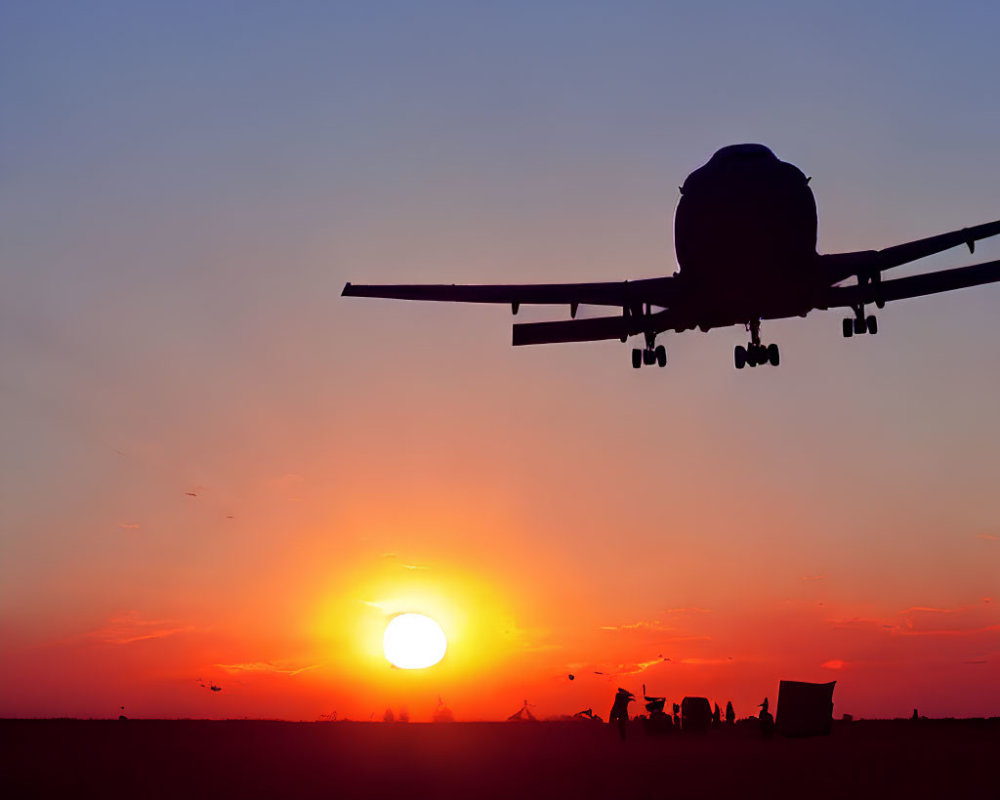 Airplane landing at twilight with vivid sunset and silhouettes.