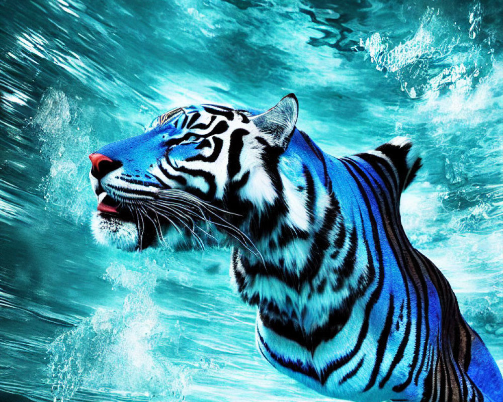 Digitally altered image: Tiger with blue stripes and pink nose swimming underwater