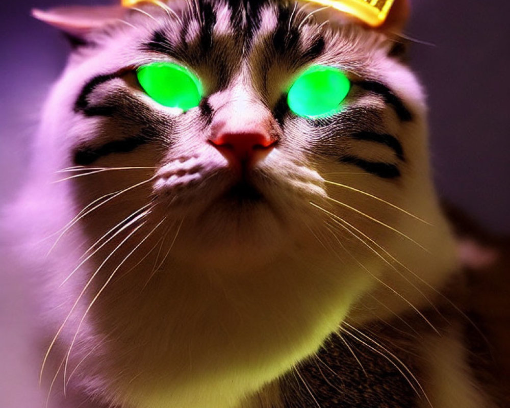 Regal cat with golden crown and green eyes on purple background