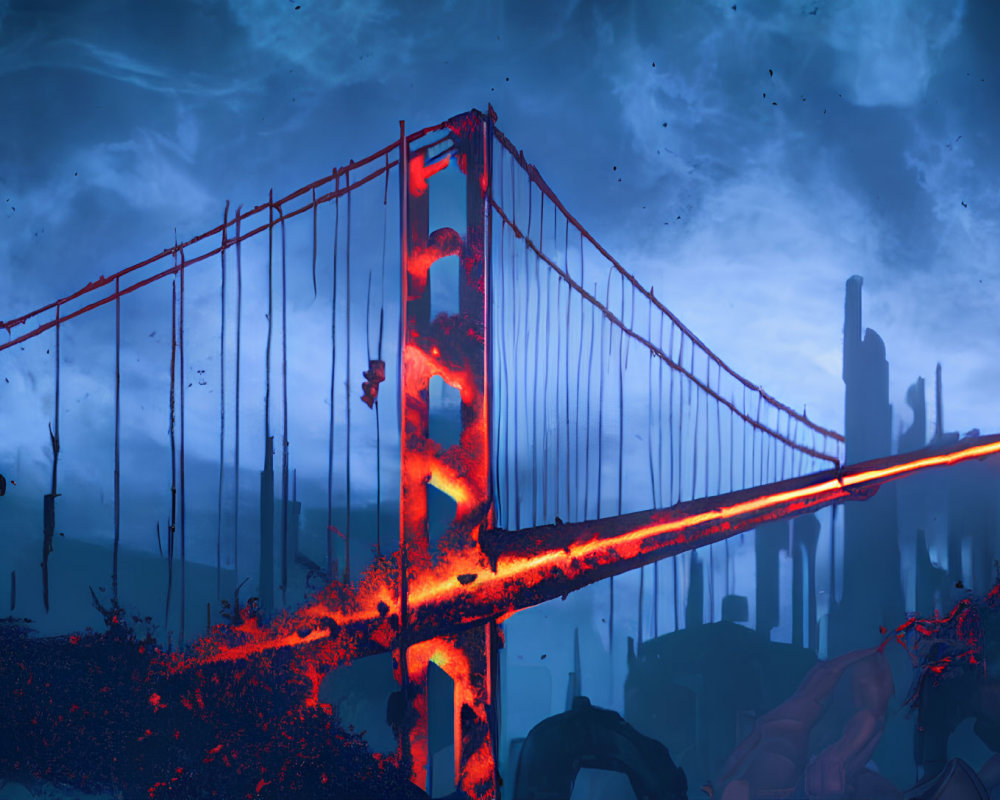 Dystopian scene: damaged red-glowing bridge, stormy sky, dark ruins.