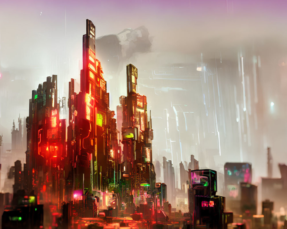 Vibrant neon futuristic cityscape with towering skyscrapers in gentle rain
