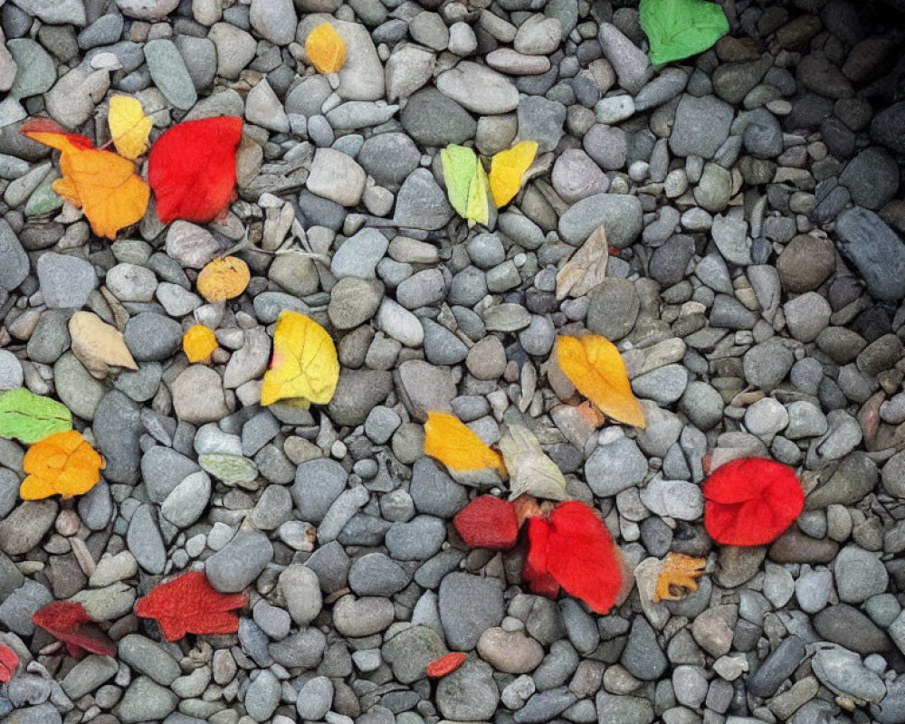 Autumn leaves on smooth pebbles in different colors