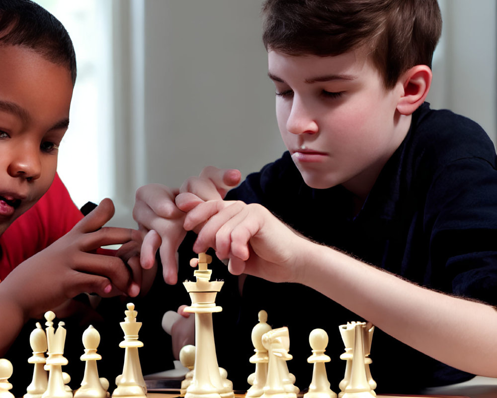 Children playing chess game, one boy strategizing on next move