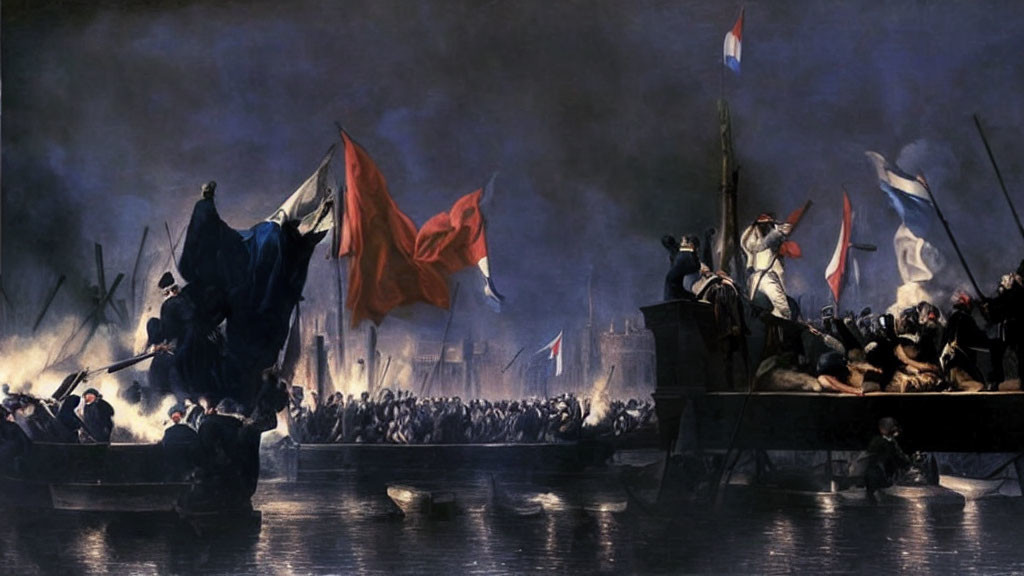 Nighttime naval battle painting with fiery explosions and soldiers holding French flags.