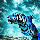 Digitally altered image: Tiger with blue stripes and pink nose swimming underwater