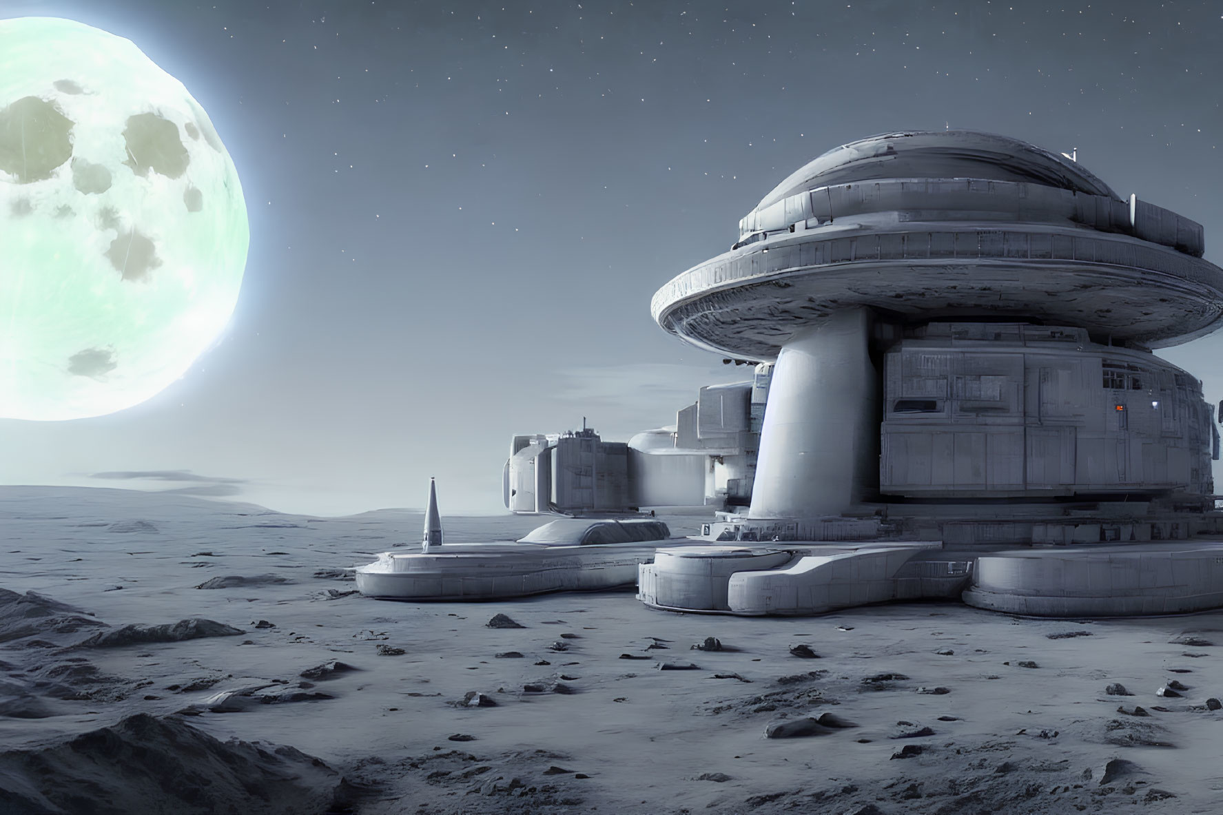 Futuristic lunar base on desolate moon surface with green-tinged planet