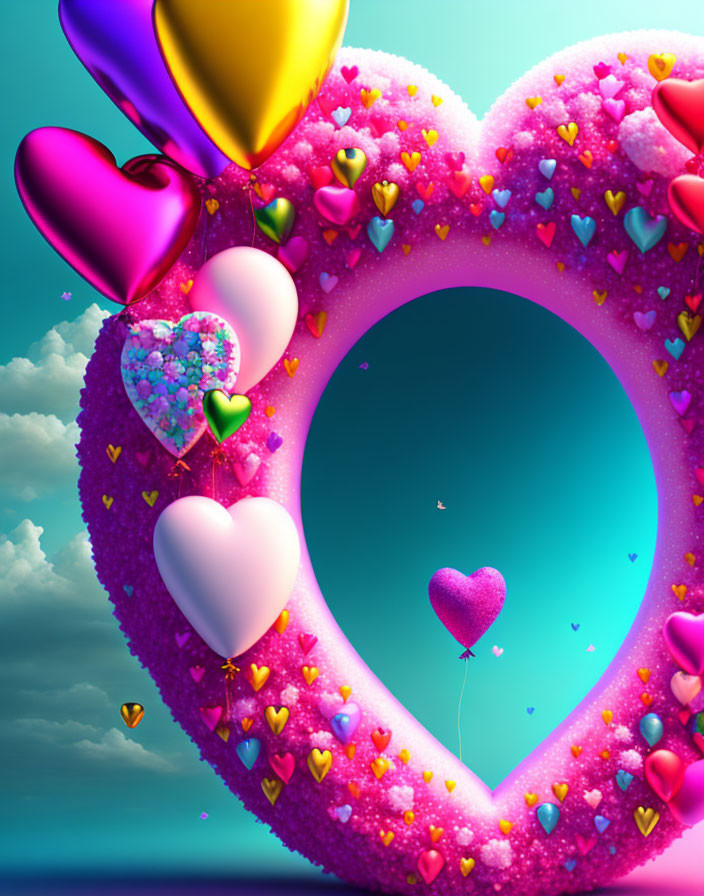 Colorful Heart-shaped Frame Surrounded by Balloons
