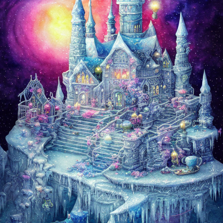 Enchanting ice castle with pink and purple flora under twilight sky