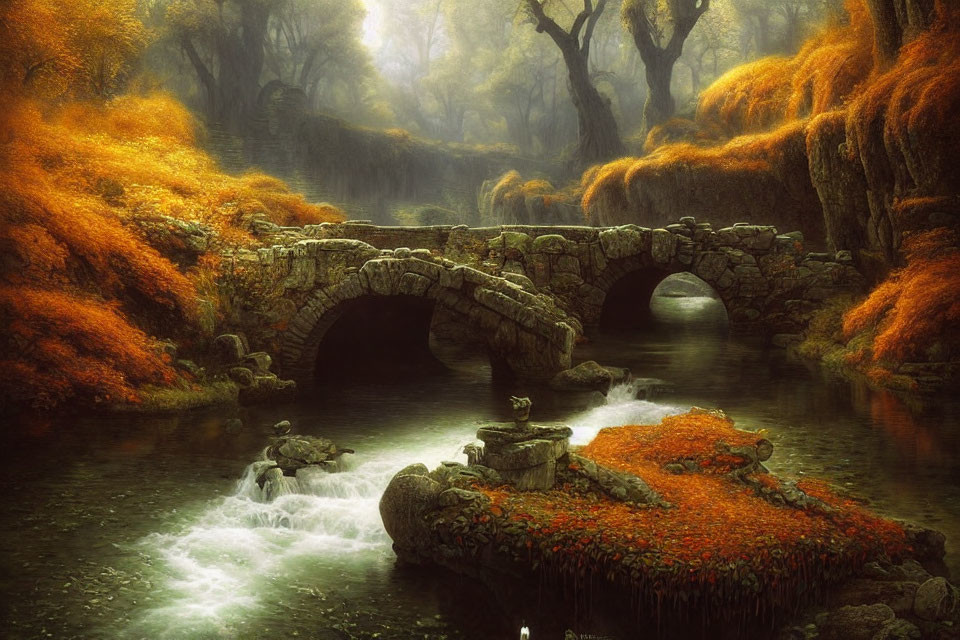 Old Stone Bridge Over Tranquil Stream in Misty Autumn Forest