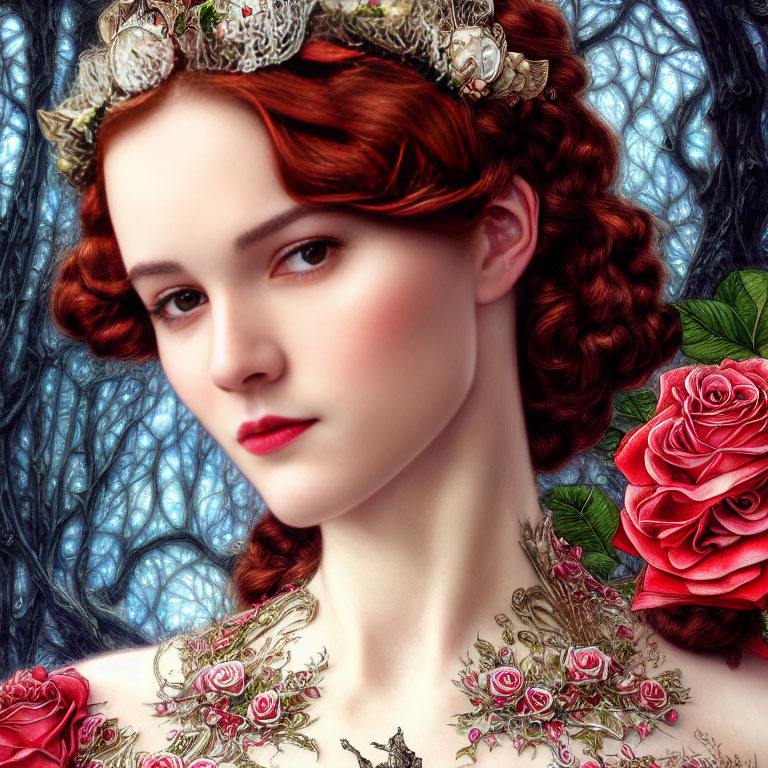 Digital portrait of woman with red hair in braided updo, floral tiara, and rose dress