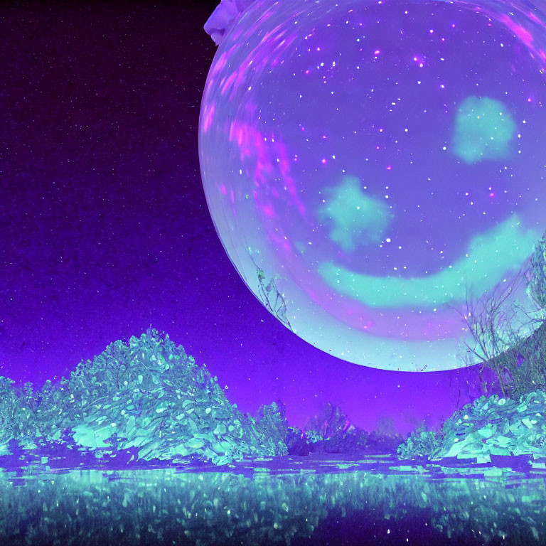 Mystical purple and pink orb over luminous night landscape