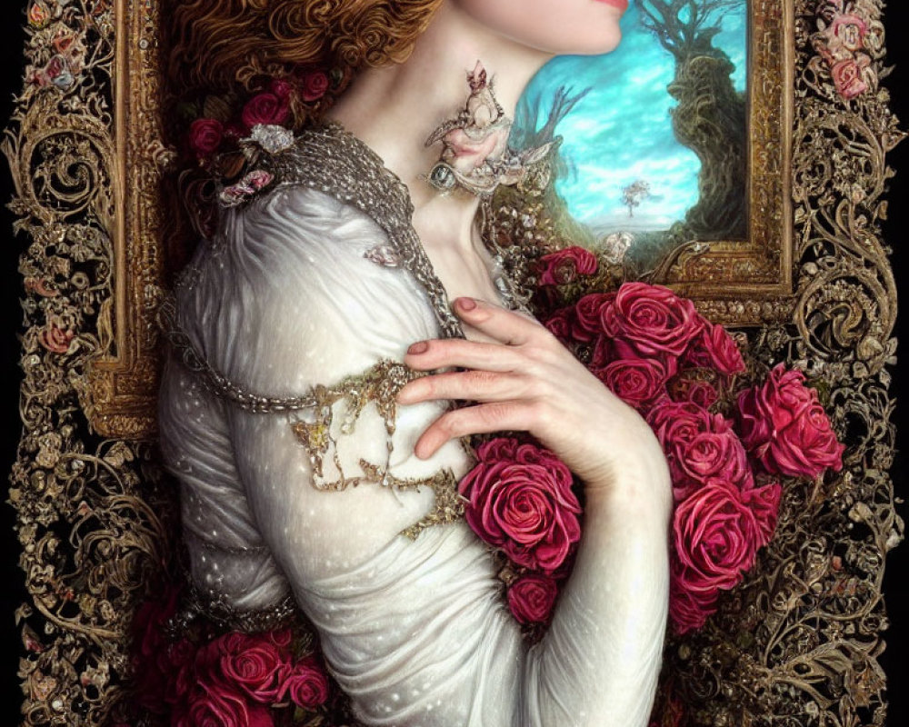 Detailed painting of woman with red hair, roses, ornate dress, jewelry, and forest background