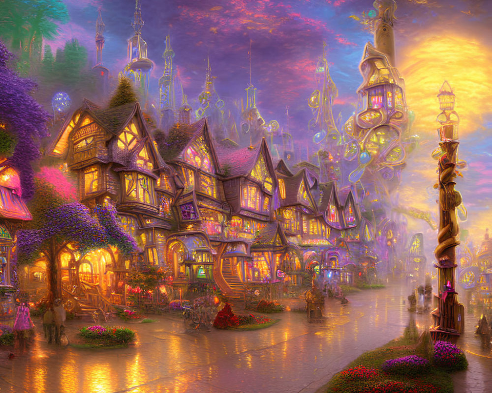 Fantasy village with whimsical architecture and glowing castle at dusk