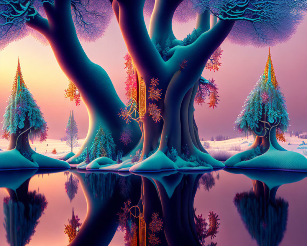Colorful Whimsical Trees in Surreal Landscape with Snowy Ground and Reflective Surface