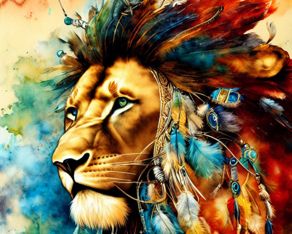 Colorful lion with Native American headdress in vibrant watercolor.