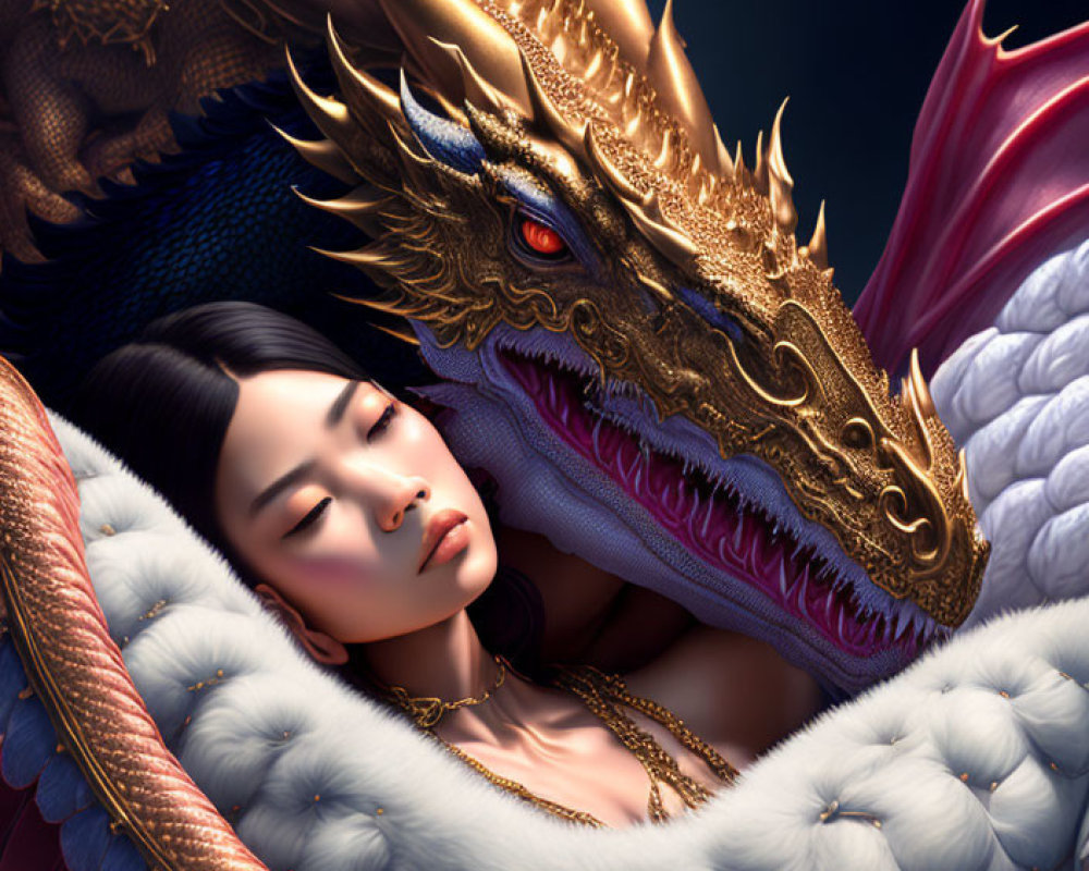 Majestic golden dragon with serene woman in a bond of trust
