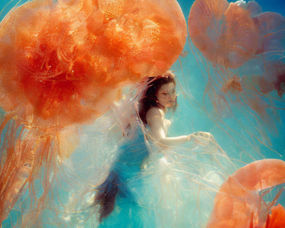 Woman Surrounded by Vibrant Orange Jellyfish Underwater