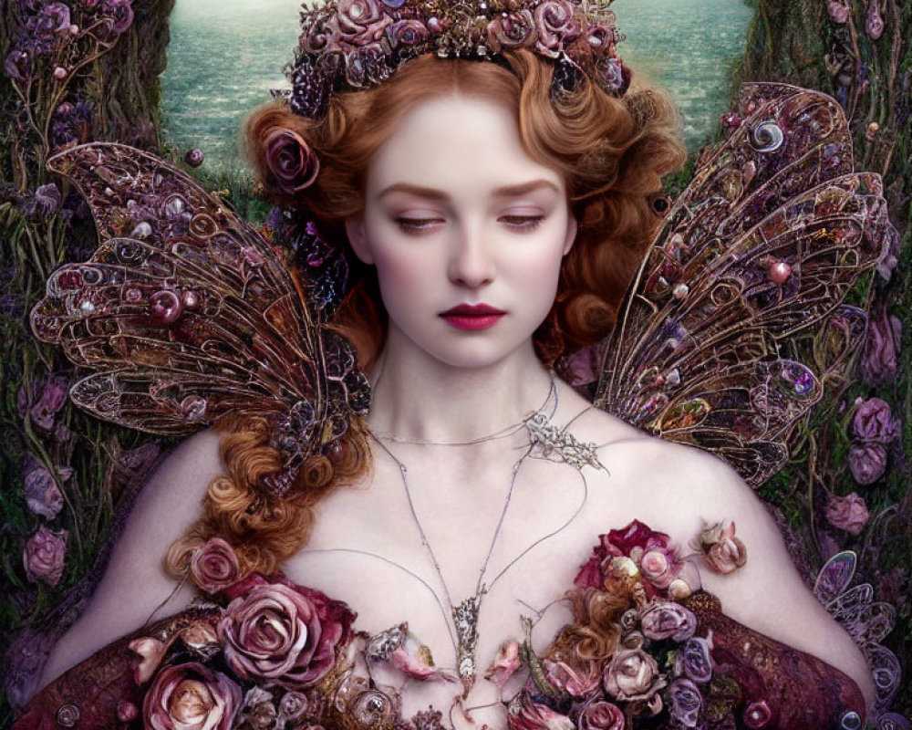 Red-haired woman with fairy wings and ornate headdress in fantasy setting.