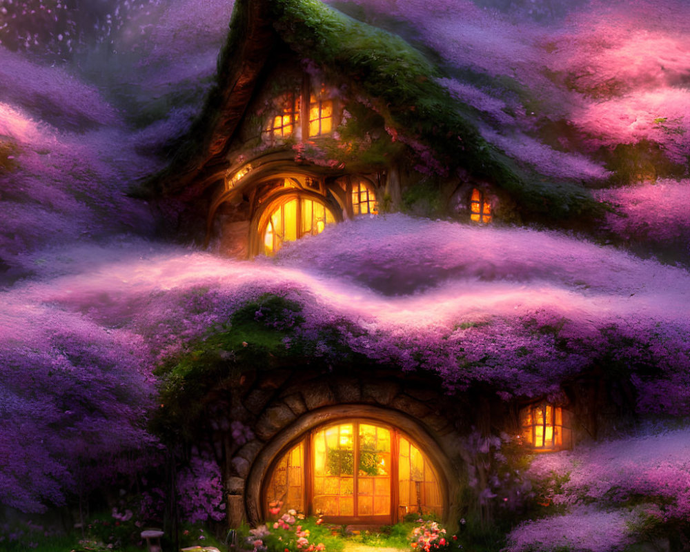 Enchanting cottage under blooming purple trees at twilight