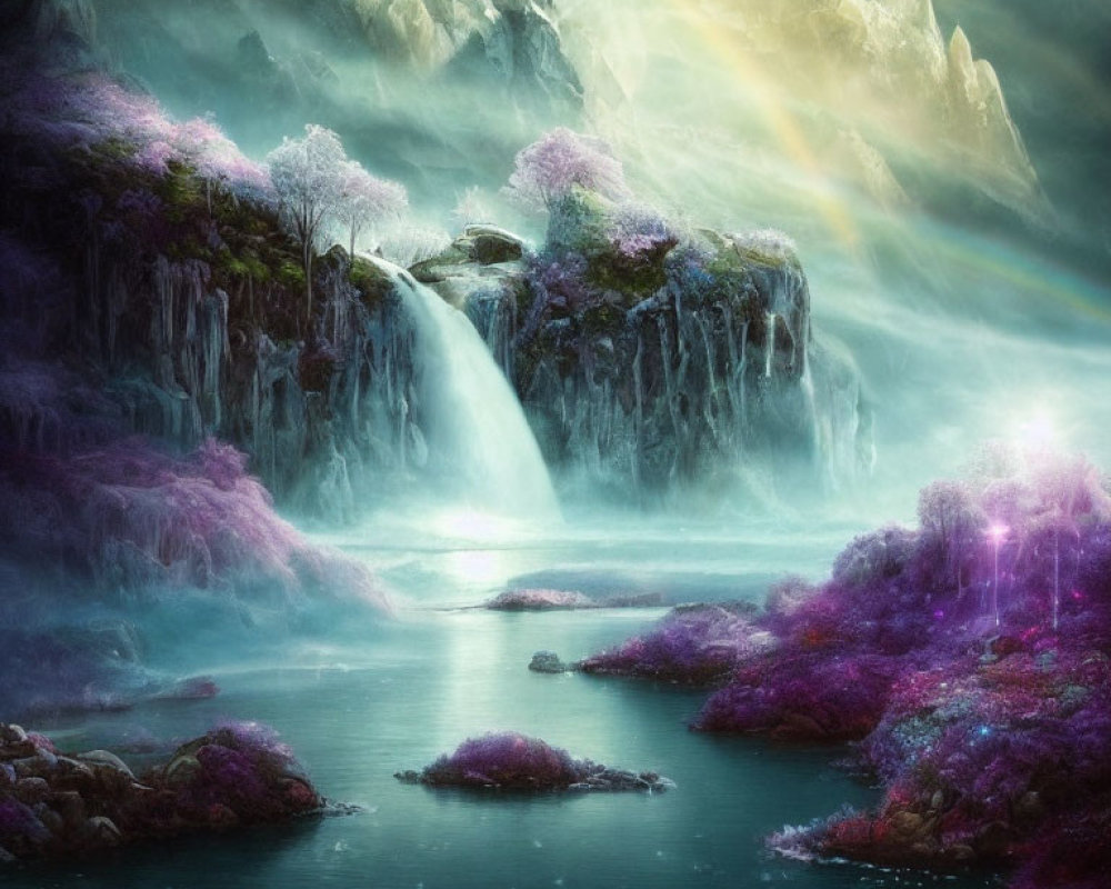 Majestic landscape with vibrant purple flora and misty mountains