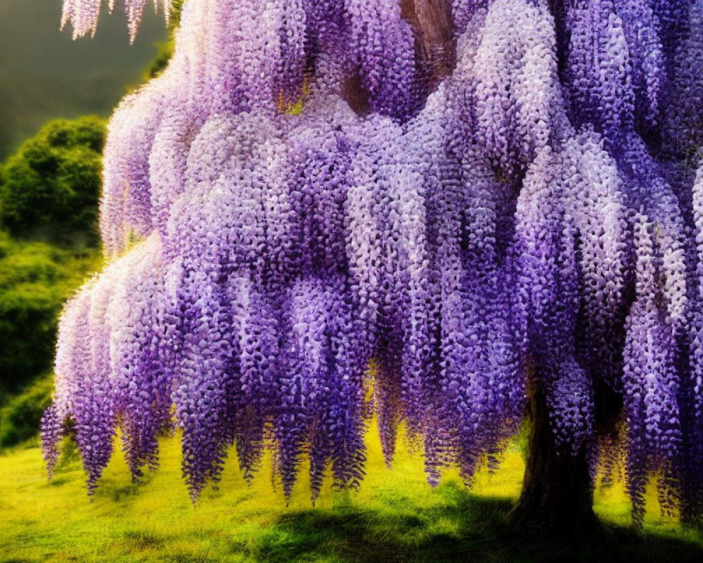 Vibrant purple wisteria blooms against serene greenery