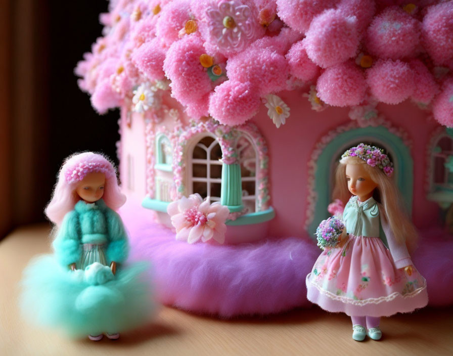 Ornately dressed dolls with pink toy house on wooden surface